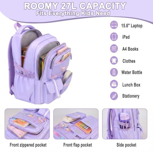 Girls Backpack Set 3PCS Ages 6-12, Kids School Backpack - color: Purple Sequin