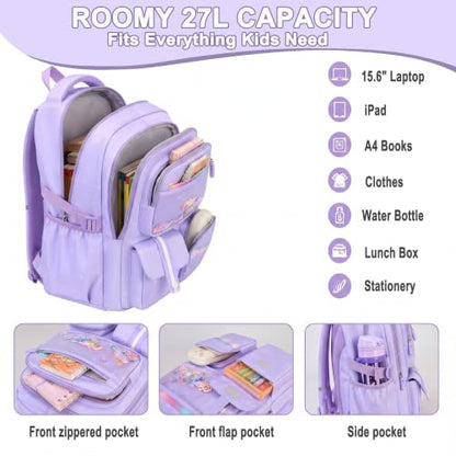 Girls Backpack Set 3PCS Ages 6-12, Kids School Backpack - color: Purple Sequin