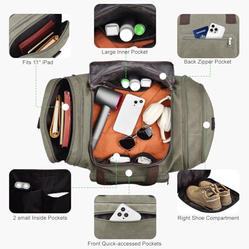 Felipe Varela 60L Canvas Duffle Bag for Men, Travel & Gym Carry on, Green - color: Green, size: 60L