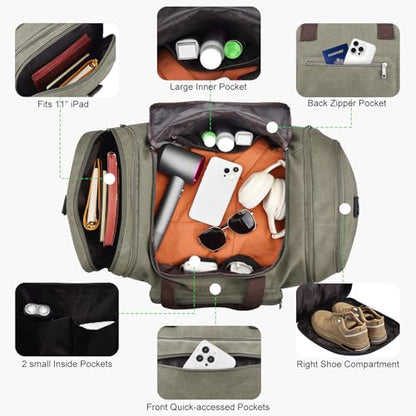 Felipe Varela 60L Canvas Duffle Bag for Men, Travel & Gym Carry on, Green - color: Green, size: 60L