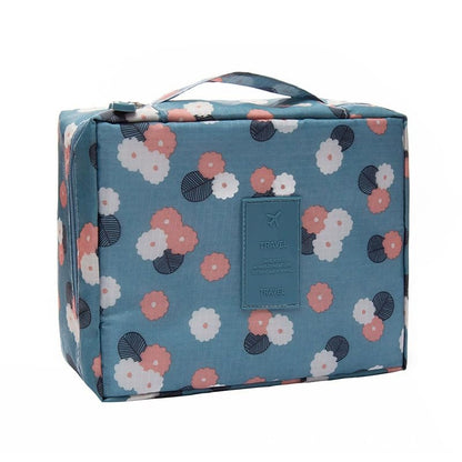 1-Pcs Square Cosmetic Bag, Floral Print, Top-Handle Makeup Pouch, Blue