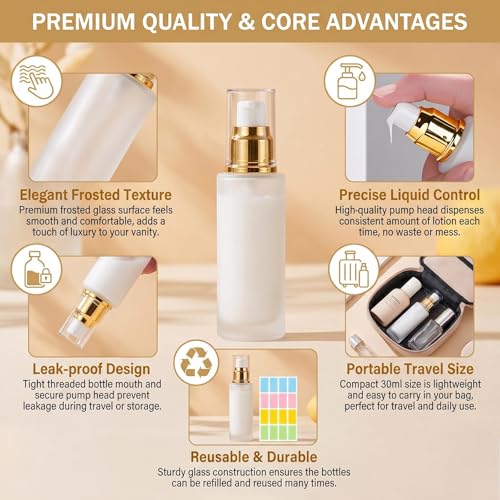 3Pcs 1oz Clear Frosted Glass Lotion Pump Bottles with Stickers - size: 30ML/1oz