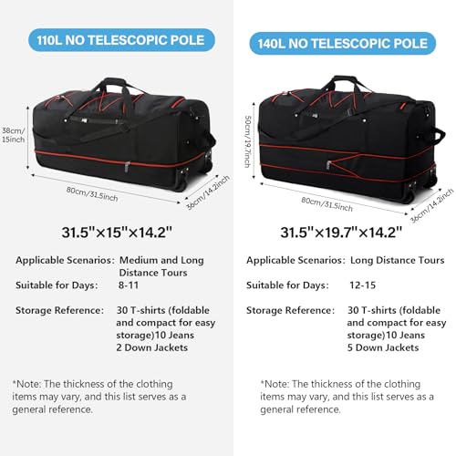 Vomgomfom Wheeled Collapsible Duffel Bag 110L-140L Expandable,Black-red - color: Black-red