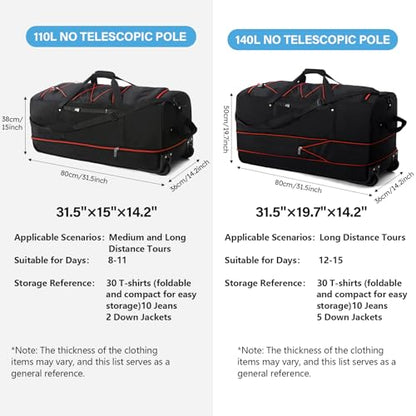 Vomgomfom Wheeled Collapsible Duffel Bag 110L-140L Expandable,Black-red - color: Black-red