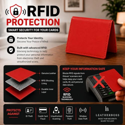 Leatherboss Slim Thin Leather Credit Card Id Mini Wallet Holder Bifold Driver's License Safe (Red) - color: Red