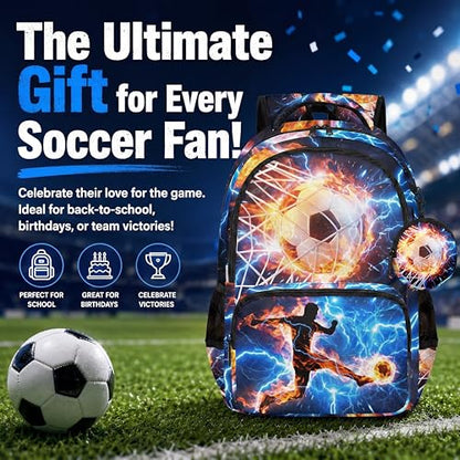 Soccer Backpack Set for Boys, Kids Football Backpack for School with Lunch Box, Pencil Case and Coin Purse (Blue&Fire red) - color: Blue&fire Red