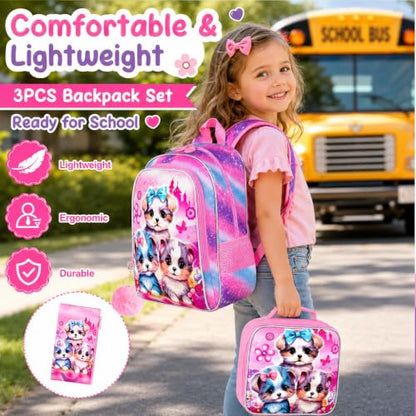 gxtvo 3PCS Girls Dog Bookbag, 16" Kids Backpackwith Lunch Box, Water Resistant School Bag for Elementary Preschool Toddler - color: Uv Printing Dog Backpack
