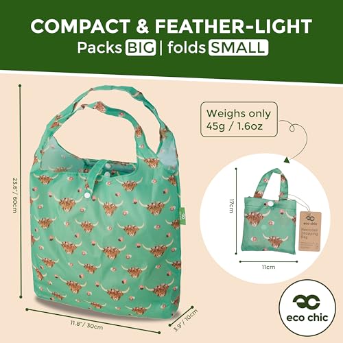 ECO CHIC Foldable Reusable Grocery Bags - Lightweight, Recycled & Reusable Shopping Bag - Waterproof Packable Tote - color: Floral Highland Cow Green