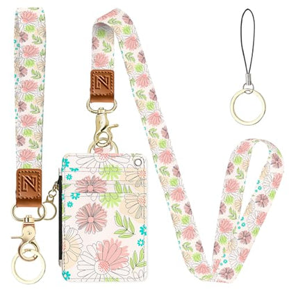 2-in-1 ID Badge Holder & Lanyard Wallet，Cute Zippered Pouch Flowers - color: Flowers