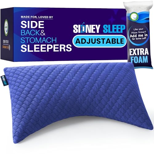 Sidney Sleep Adjustable Bed Pillow for Neck and Shoulder Support with Extra Shredded Fill - Cervical Contour Pillow for Side and Back Sleepers. Standard Size 19" x 26" CertiPUR-US Certified (Blue) - color: Blue, size: Standard (Pack of 1)