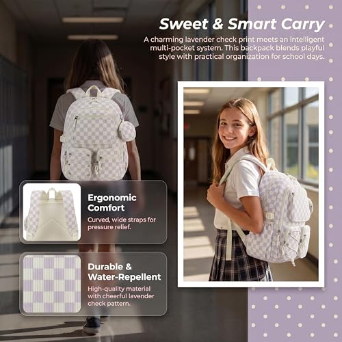PiPiCat Backpack for Girls 4 in 1 Back to School Bookbag - color: K2 Checkered Purple