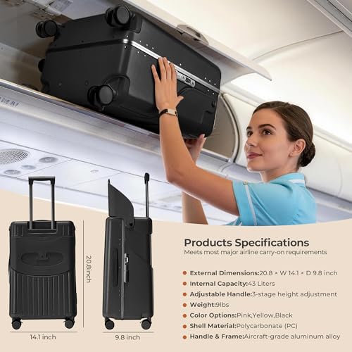 20 Inch Ride On Luggage for Kids, Carry On Suitcase with Foldable Child Seat, Hard Shell Travel Luggage with 360° Spinner Wheels & TSA Lock for Family Airplane Trips - color: Black