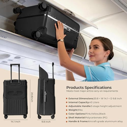 20 Inch Ride On Luggage for Kids, Carry On Suitcase with Foldable Child Seat, Hard Shell Travel Luggage with 360° Spinner Wheels & TSA Lock for Family Airplane Trips - color: Black