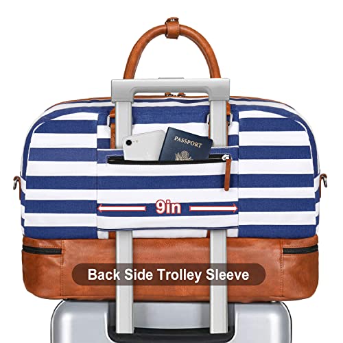 IBFUN Weekender Bags for Women, 3PCS Travel Set with Shoe Compartment 21.6 - color: A09-brown+blue & white stripes