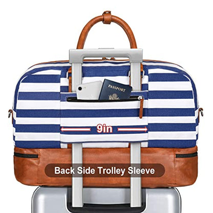 IBFUN Weekender Bags for Women, 3PCS Travel Set with Shoe Compartment 21.6 - color: A09-brown+blue & white stripes