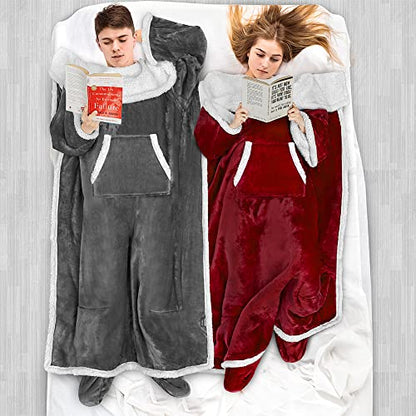 PAVILIA Sherpa Blanket with Sleeves, Foot Pockets for Women Men, Dark Gray - color: Charcoal, size: Sherpa