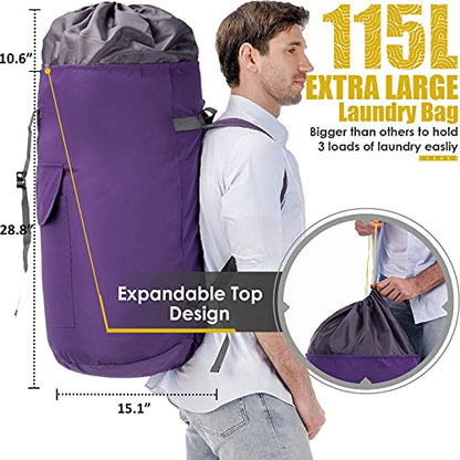 Backpack Laundry Bag, 115L Heavy Duty Extra Large College Laundry Backpack, Dirty Clothes Bag with Shoulder Straps, Laundry Hamper Bag with Drawstring Closure for College Dorm, Apartment Purple - color: Purple
