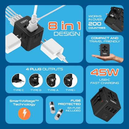 Ceptics 8 in 1 Universal Travel Adapter 45W, 3 Inputs, 2 USB-A + 3 USB-C - color: Black