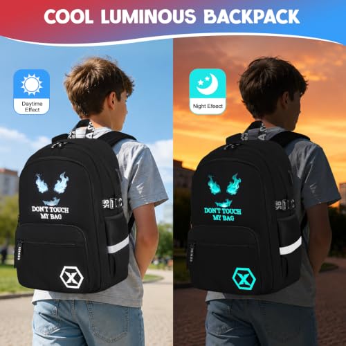 Backpack for Boys, 4PCS Cool Luminous Boy Backpack with Lunch Box | Sling Bag & Pencil Case for Kids, Bookbag for Boys Teens Elementary Middle School Students, Schoolbag Glow In The Dark - color: Black Flame