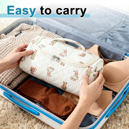 Quilted Travel Case Compatible, Toiletry Bag for Hair Curler Tools and Accessories, Hanging Case with Hook, Beige, 1 Pc - color: Bears