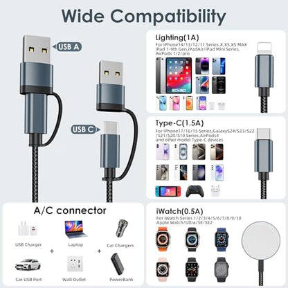 2Pack Travel Essentials for Apple Watch Charger,3 in 2 Charging Cable - color: Black, size: 2Pack-4FT
