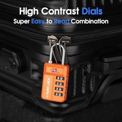 SURE LOCK TSA Approved 4-Digit Resettable Combination Luggage Locks with Open Alert, Easy-Read Dials - for Luggage, School Lockers, Gym, Office, Toolbox & Security Cases (Orange 2 Pack) - color: ORANGE 2PACK
