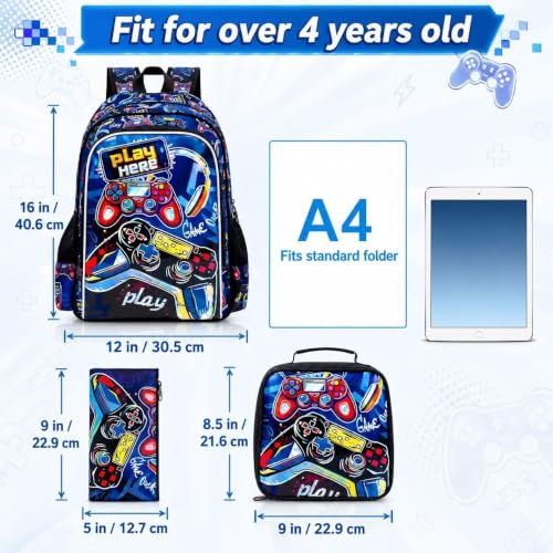 CCJPX 3Pcs Backpack for Boys, 16 Inch Preschool Elementary Kindergarten School Backpacks and Lunch Box - color: Aa2-game Red