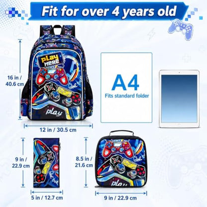 CCJPX 3Pcs Backpack for Boys, 16 Inch Preschool Elementary Kindergarten School Backpacks and Lunch Box - color: Aa2-game Red