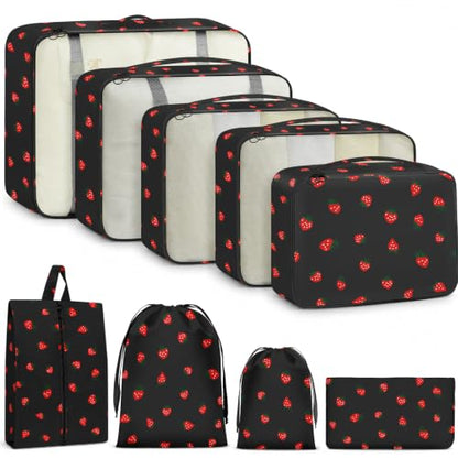 9 Set Packing Cubes for Travel Essentials - Lightweight Carry-On Luggage Organizer Bags with Shoe, Clothes & Laundry Bags for Airplane, Family & Business Travel, Black strawberry - color: Black strawberry