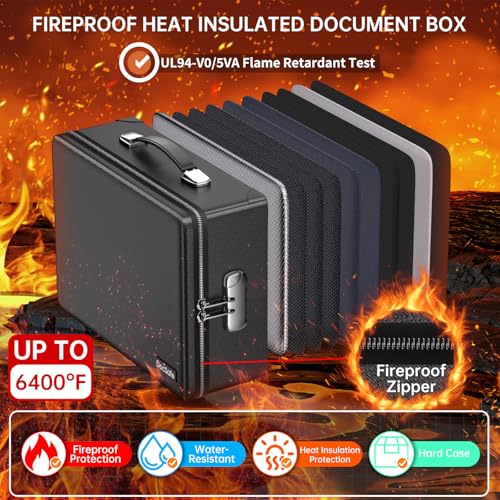 DocSafe 6400°F Fireproof Document Box with Lock, 10 Layers Heat Insulated - color: Black