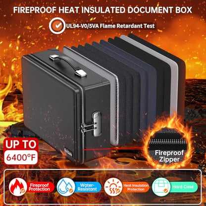 DocSafe 6400°F Fireproof Document Box with Lock, 10 Layers Heat Insulated - color: Black