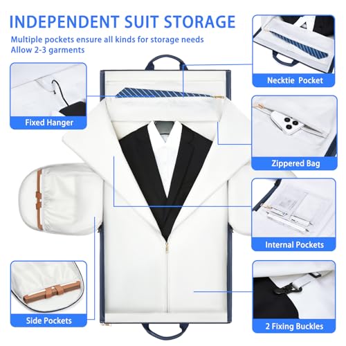 Leather Garment Bag，Convertible Garment Duffel Bag for Travel Mens Suit Bag 2 in 1 Waterproof Foldable Carry on Garment bag with Shoulder Strap Weekender Bag with Shoe Pouch - color: A-Blue