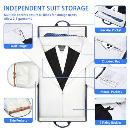 Leather Garment Bag，Convertible Garment Duffel Bag for Travel Mens Suit Bag 2 in 1 Waterproof Foldable Carry on Garment bag with Shoulder Strap Weekender Bag with Shoe Pouch - color: A-Blue