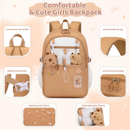 DIGOBAY Backpack for Girls, 5PCS School Bookbag with Lunch Box Pencil Case - color: Brown