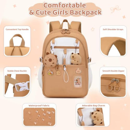 DIGOBAY Backpack for Girls, 5PCS School Bookbag with Lunch Box Pencil Case - color: Brown