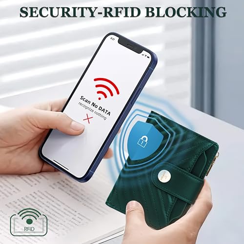 Small Womens RFID Bifold Wallet,Compact Leather Card Holder - color: Dark Green