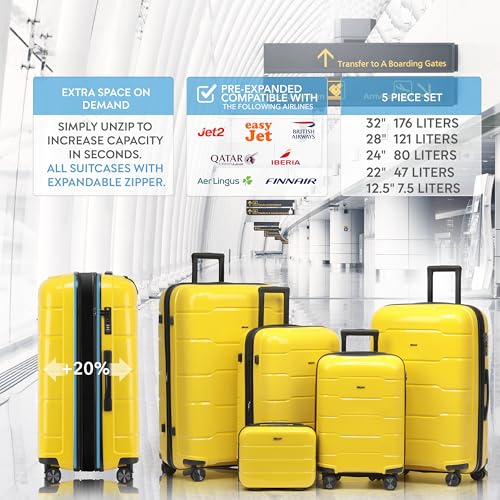 5-Piece Luggage Set Expandable Hardside Polypropylene Suitcase Set with TSA Locks & 8 Silent Spinner Wheels Lightweight Nested Suitcases Travel Set American Airline-Approved Carry-On - Yellow - color: Yellow, size: 5-Piece Set