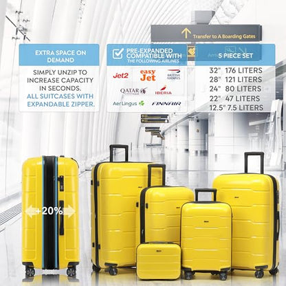 5-Piece Luggage Set Expandable Hardside Polypropylene Suitcase Set with TSA Locks & 8 Silent Spinner Wheels Lightweight Nested Suitcases Travel Set American Airline-Approved Carry-On - Yellow - color: Yellow, size: 5-Piece Set