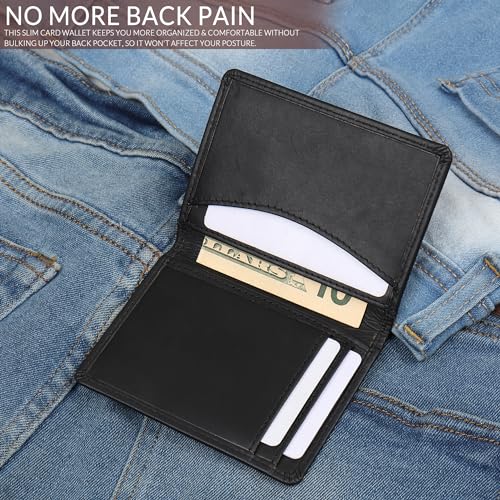 FOXHACKLE Full Grain Leather Credit Card Holder for Men and Women, Slim Bifold RFID Blocking Wallet, Thin Front Pocket Minimalist Wallet, Small Card Case. - color: Matte Black