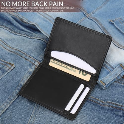 FOXHACKLE Full Grain Leather Credit Card Holder for Men and Women, Slim Bifold RFID Blocking Wallet, Thin Front Pocket Minimalist Wallet, Small Card Case. - color: Matte Black