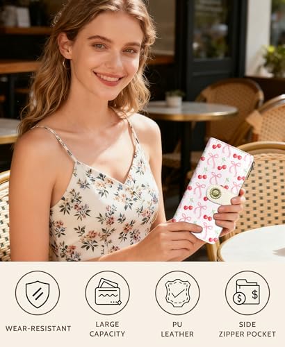 GIANCOMICS Cute Womens Wallet RFID Blocking, Bow Credit Card Holder Bifold - color: Bows and Cherry