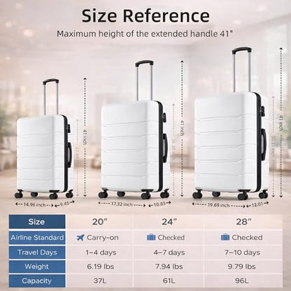 28 Inch Checked Luggage, Expandable, TSA Lock, White - color: White, size: 28 Inch