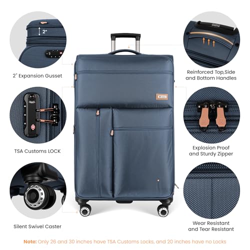 26" Softside Luggage,w/TSA LOCK,Expandable - color: Navy, size: Checked-Medium 26-Inch