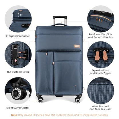 26" Softside Luggage,w/TSA LOCK,Expandable - color: Navy, size: Checked-Medium 26-Inch