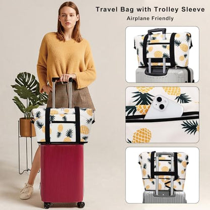 Expandable Duffel Bag for Women with Trolley Sleeve/Wet Pocket Weekender Travel Tote Large Carry On Overnight Luggage - color: Pineapple