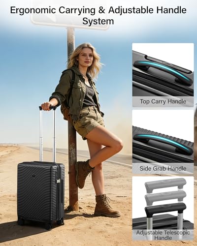 MILADA 24 Inch Expandable Checked Luggage, Hard Shell Medium Suitcase - color: Jet Black, size: Checked Medium 24 inch