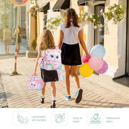 KidsPUNK Backpack for Girls Elementary:16 In School Bookbag with Lunch Box - color: 16 Inch Pink Cat 3 in 1