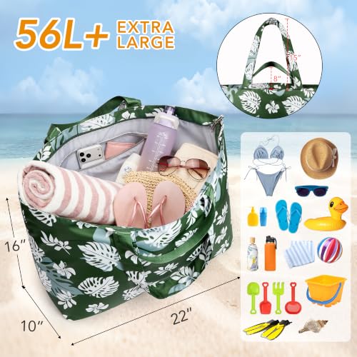 KALIDI 60L Extra Large Beach Tote Oversized Bag Zipper Utility Weekender - color: Green Leaf