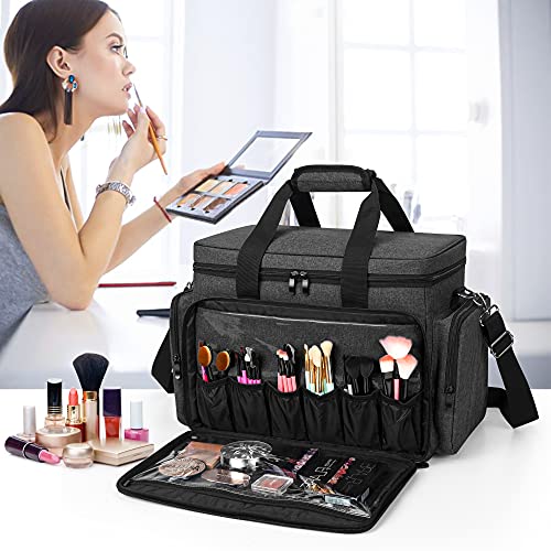 BAFASO Large Makeup Bag Cosmetic Bag with Removable Dividers, Black - color: Black