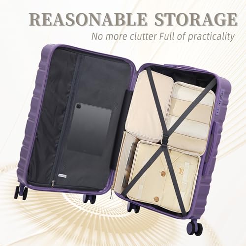 3-Piece ABS Hardshell Luggage Set Lightweight, Tough & Scratch-Resistant - color: violet horizontal stripe, size: 20/24/28 Inch